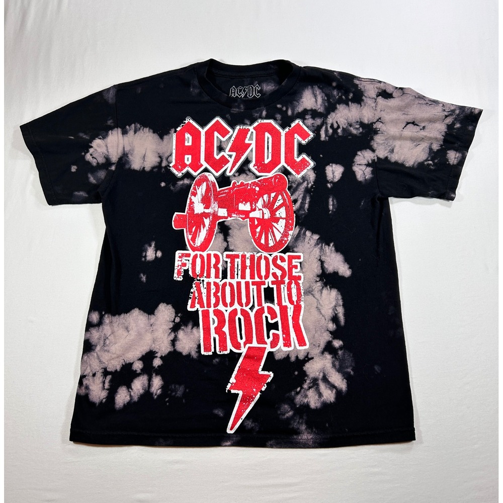 AC/DC For Those About To Rock Bleach Tie Dye Graphic T-Shirt Mens L Black Red
